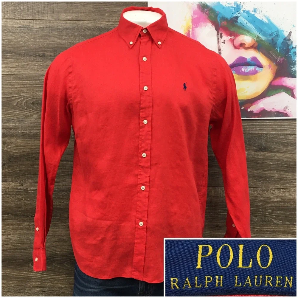 Polo Ralph Lauren Mens Red 100% Linen RL Untucked Fit Button Down Shirt Large